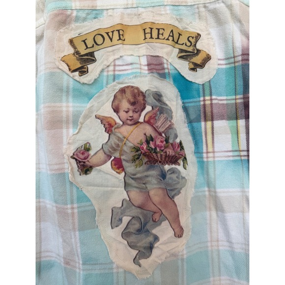 American Eagle Outfitters Tops - Upcycled Cherub Flannel Shirt‎ Medium Love Heals Cotton Soft Plaid